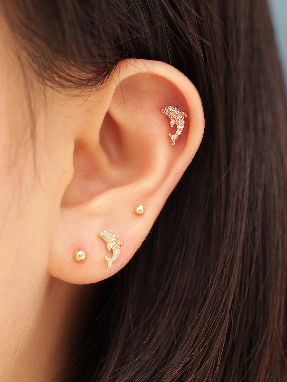 14K Gold Bling Dolphin Cartilage Earring 20G - Image 8