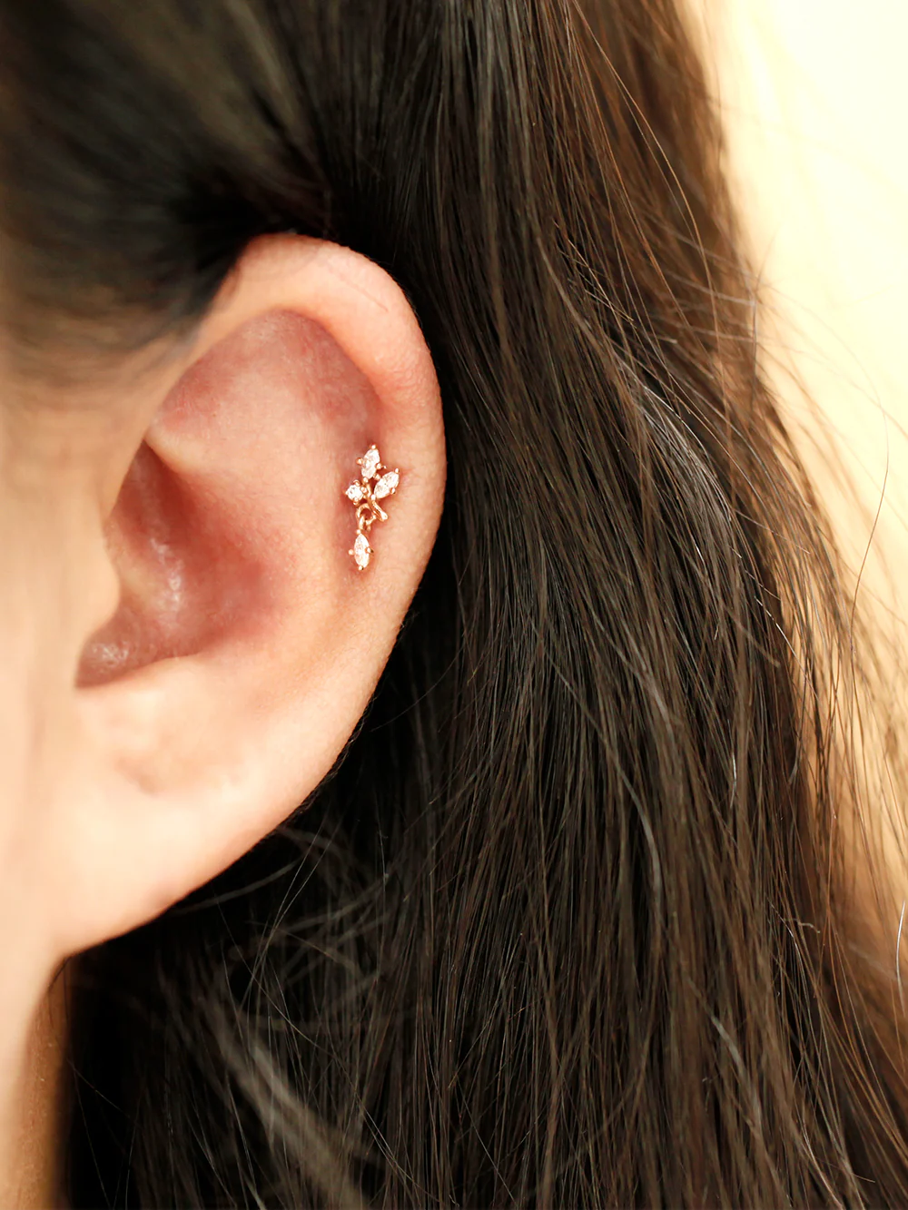 14K Gold Bling Leaf Cubic Drop Cartilage Earring 18G16G - Image 2