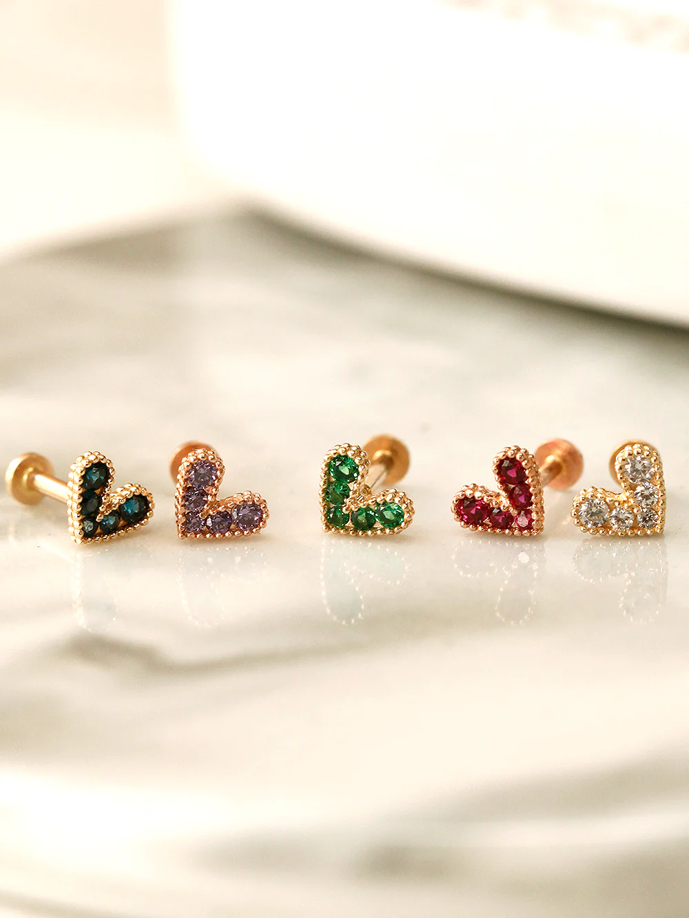 14K Gold Bling Lovely Heart Internally Threaded Labret Piercing 18G16G - Image 7