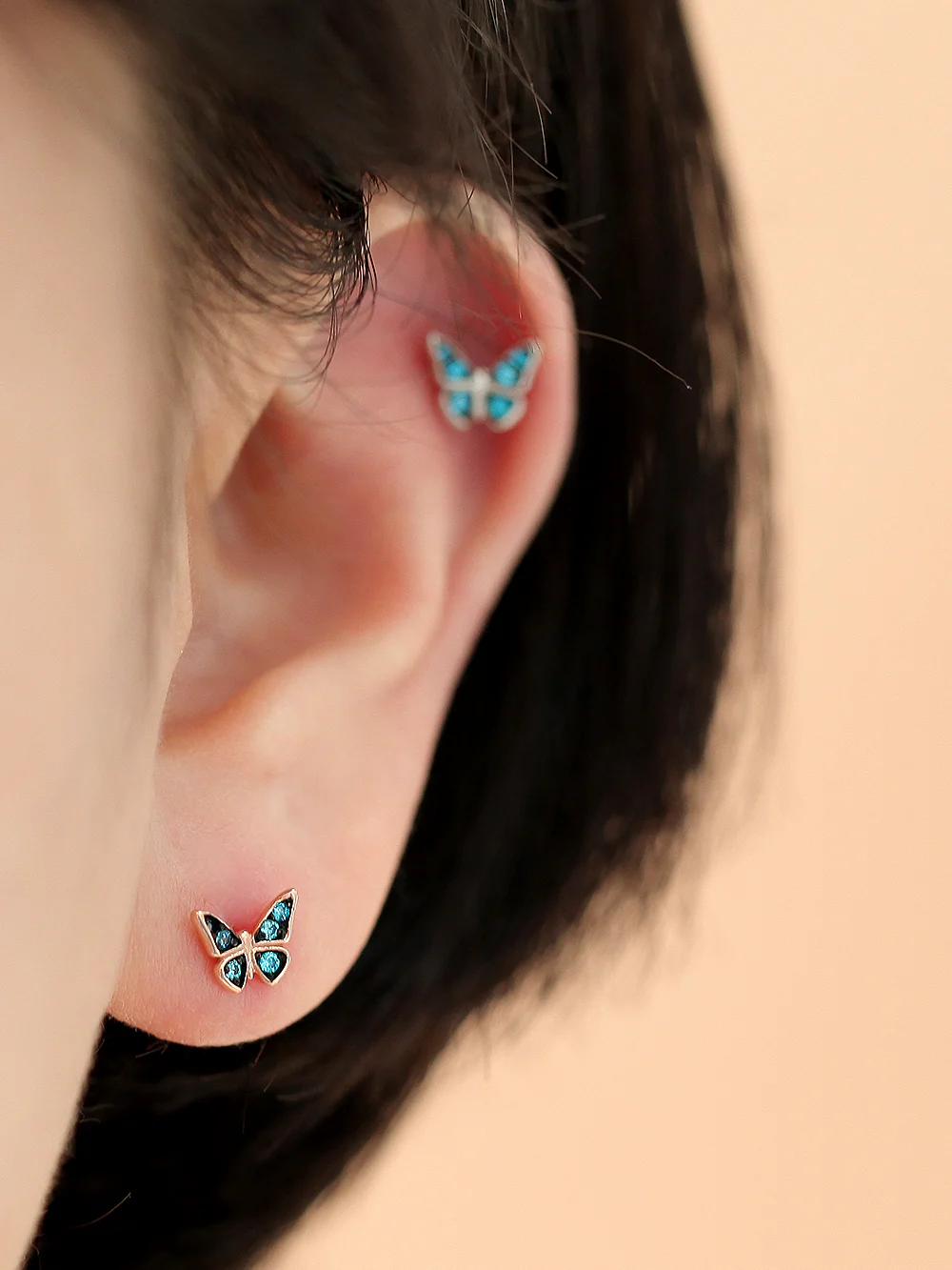 14K Gold Blue Cubic Butterfly Cartilage Earring 18G16G - Image 6