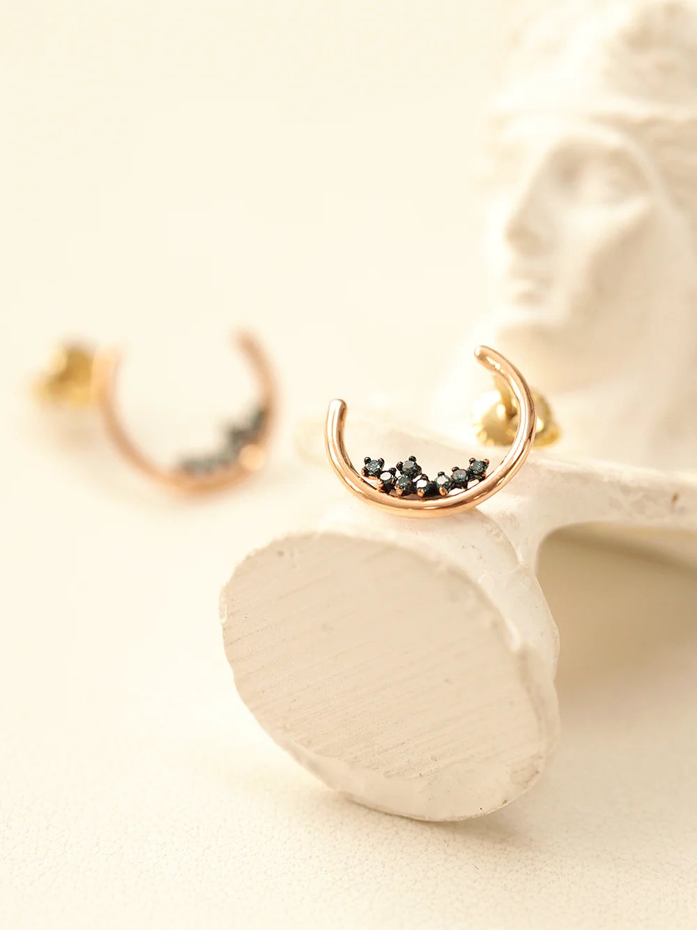 14K Gold Blue Diamond Crescent Earring - Image 3
