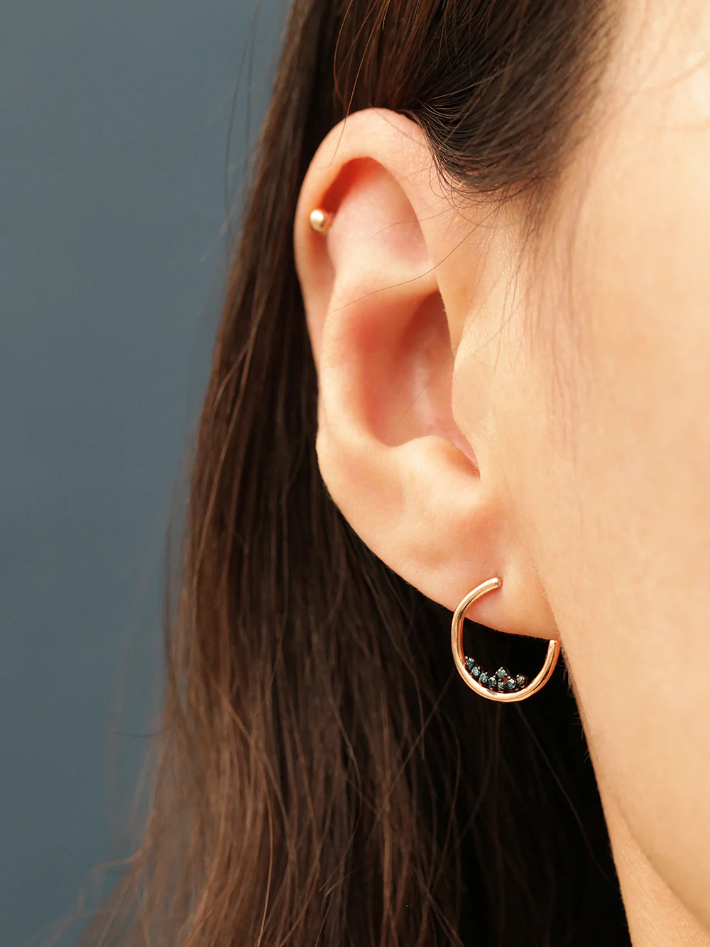14K Gold Blue Diamond Crescent Earring - Image 7