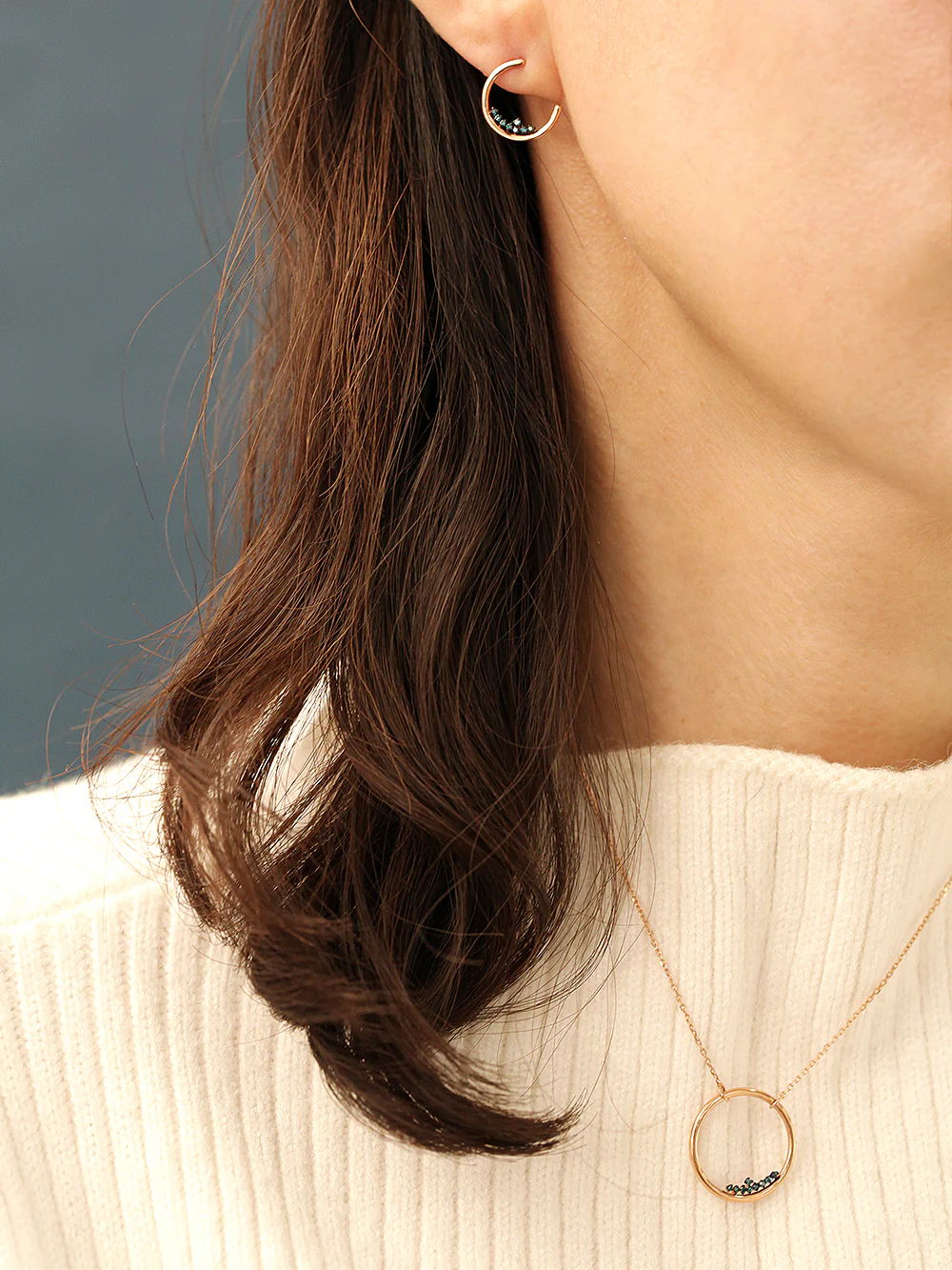 14K Gold Blue Diamond Crescent Earring - Image 9