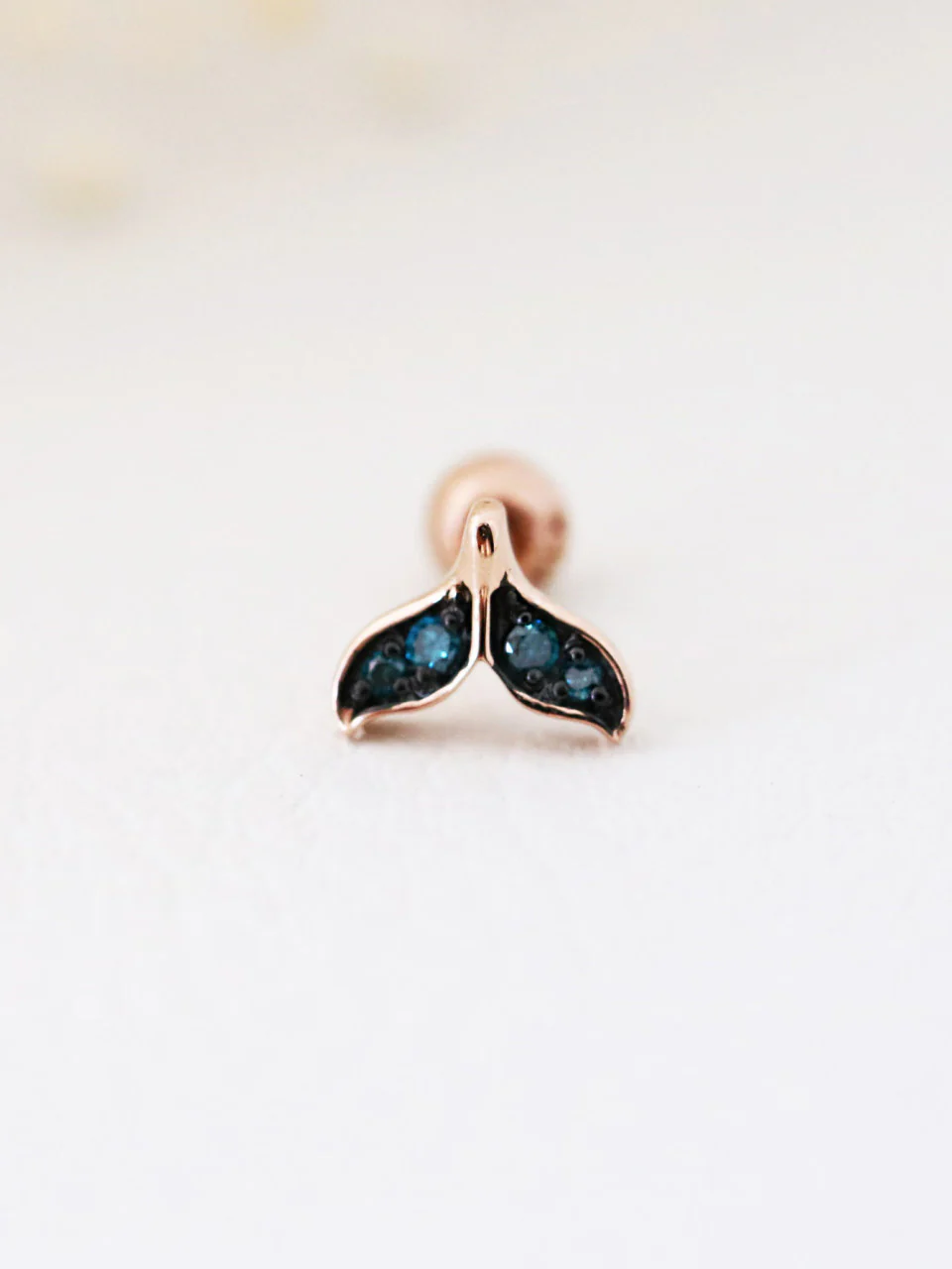 14K Gold Blue Diamond Whale Tail Cartilage Earring 18G16G - Image 2