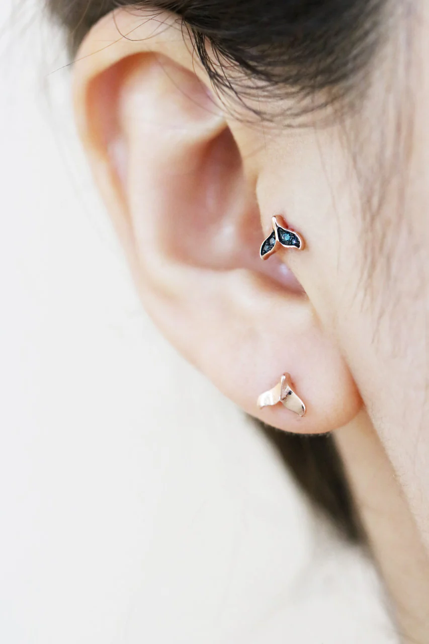 14K Gold Blue Diamond Whale Tail Cartilage Earring 18G16G - Image 7
