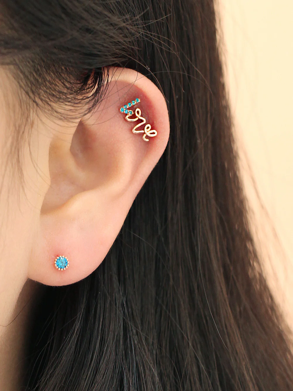 14K Gold Blue Love & Round CZ Cartilage Earring 18G16G - Image 2