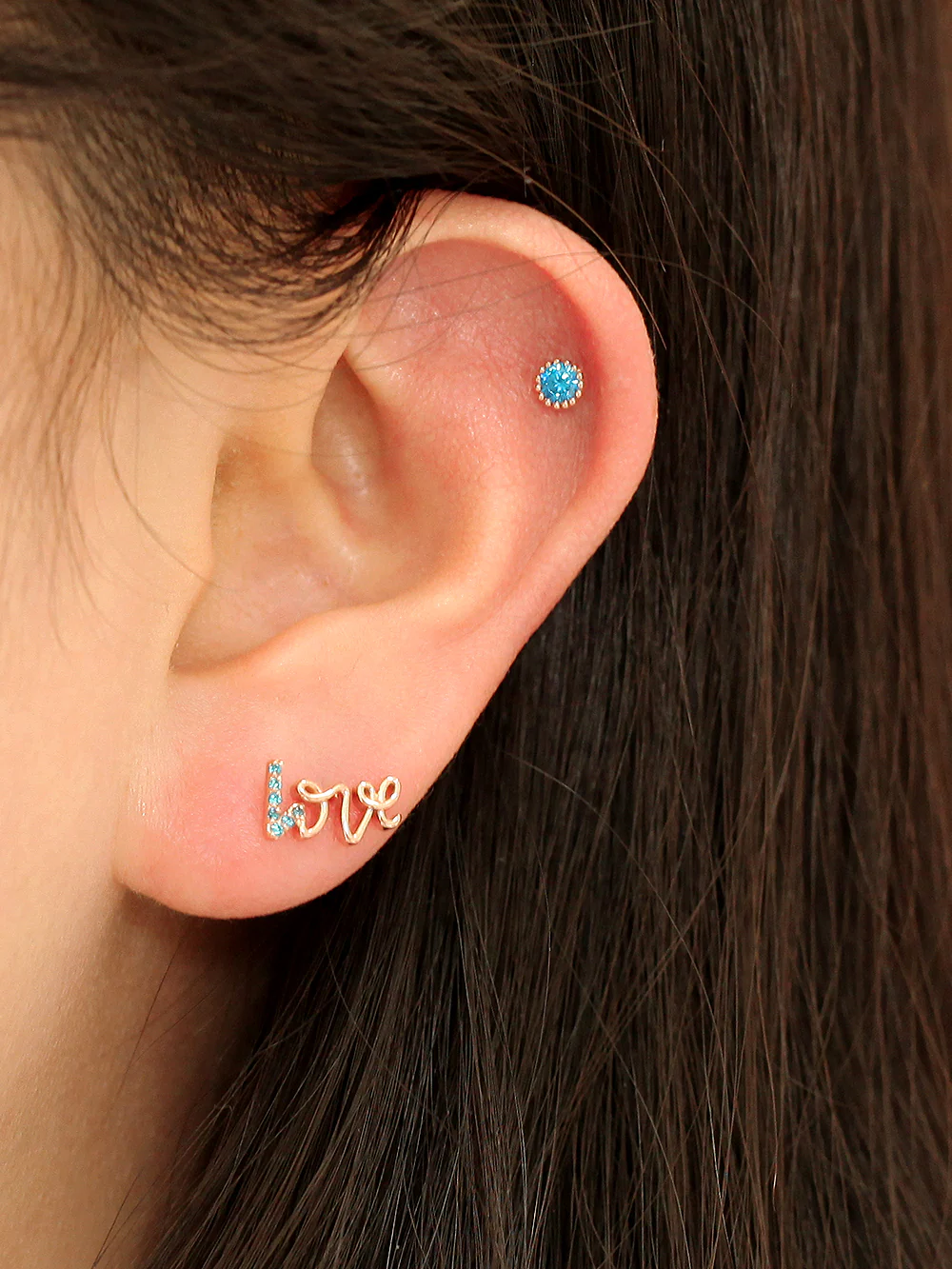 14K Gold Blue Love & Round CZ Cartilage Earring 18G16G - Image 3