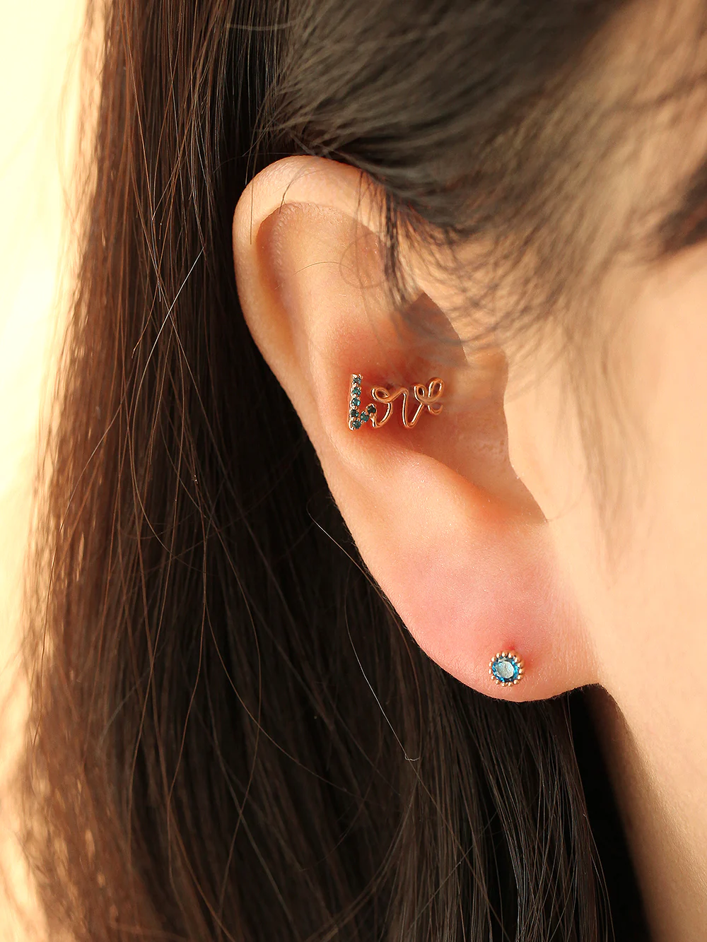 14K Gold Blue Love & Round CZ Cartilage Earring 18G16G - Image 4