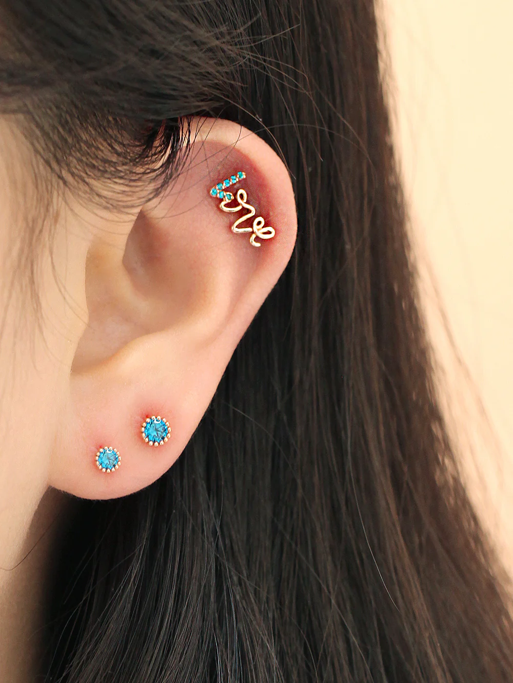 14K Gold Blue Love & Round CZ Cartilage Earring 18G16G - Image 5