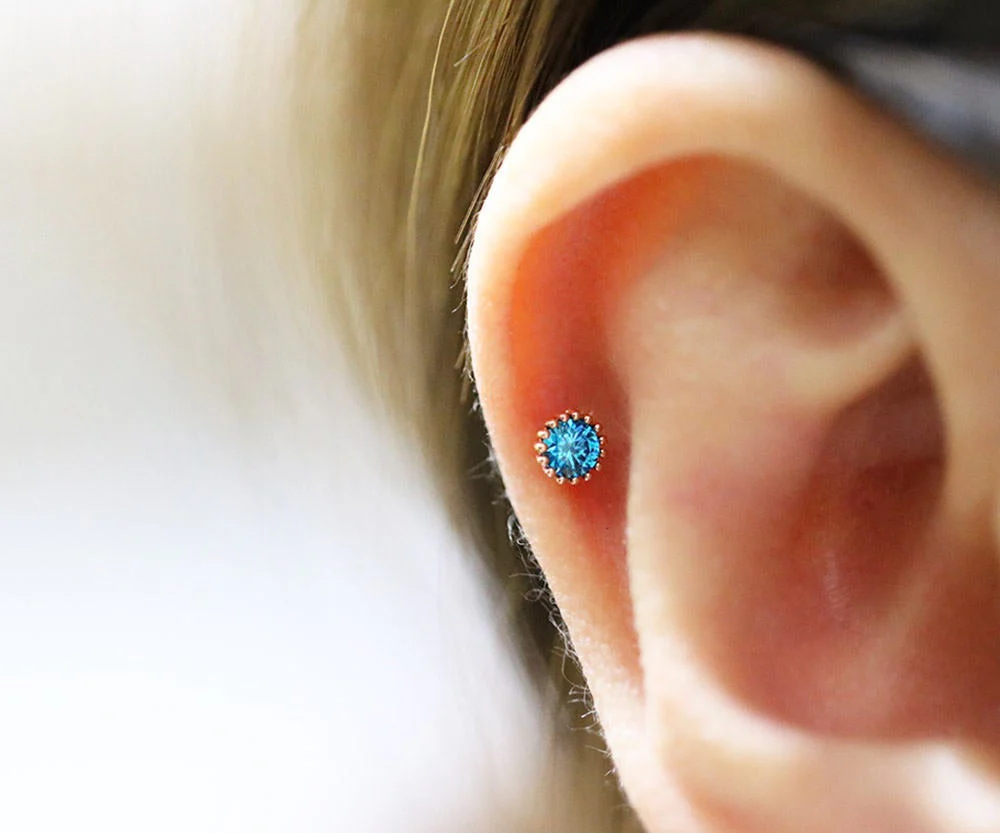 14K Gold Blue Love & Round CZ Cartilage Earring 18G16G - Image 9