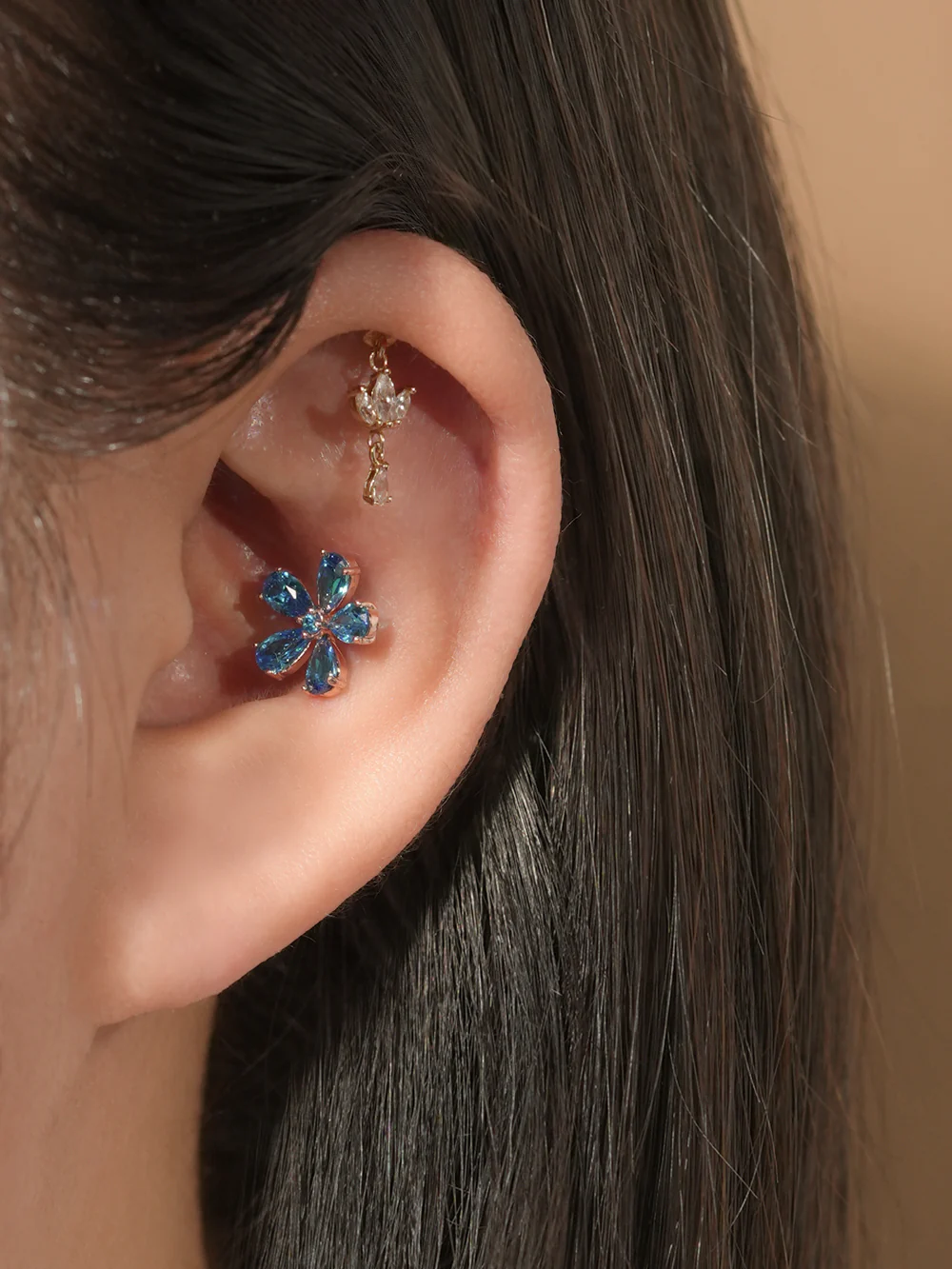 14K Gold Blue Topaz Flower Cartilage Earring 20G18G16G - Image 4