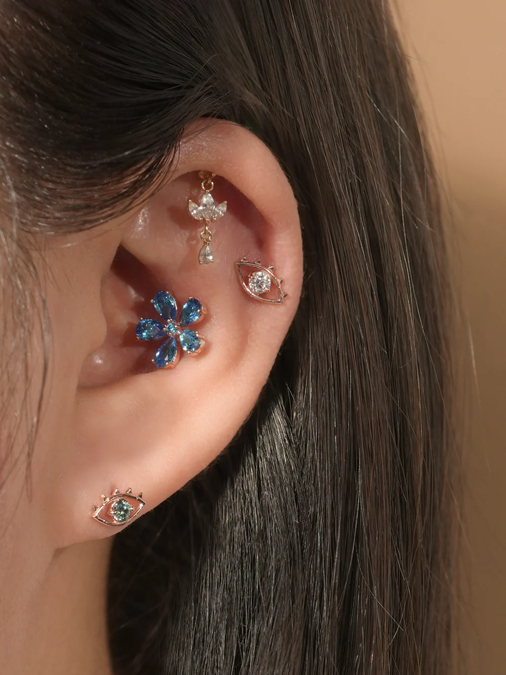 14K Gold Blue Topaz Flower Cartilage Earring 20G18G16G - Image 8