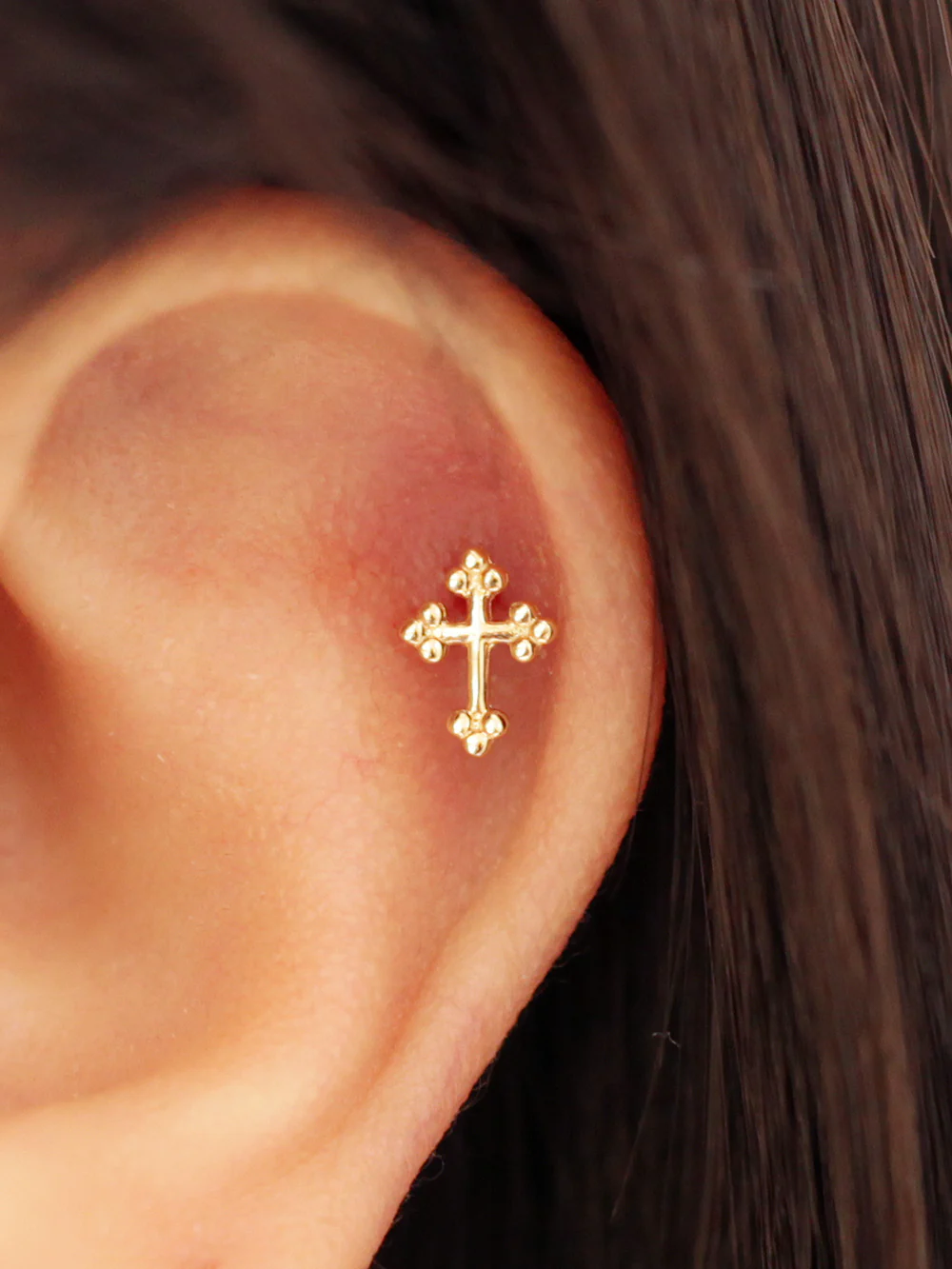 14K Gold Bubble Cross Cartilage Earring 20G - Image 3