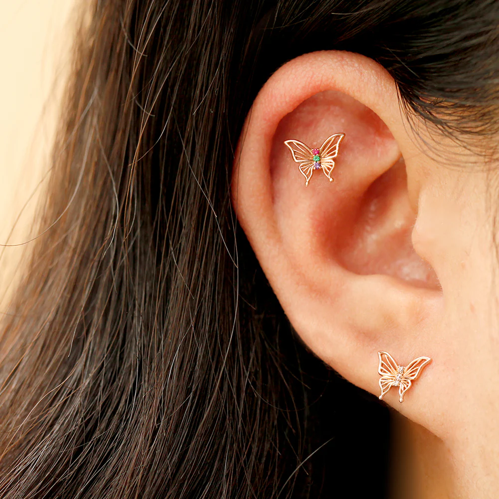 14K Gold Butterfly Point Cubic Cartilage Earring 18G16G - Image 6