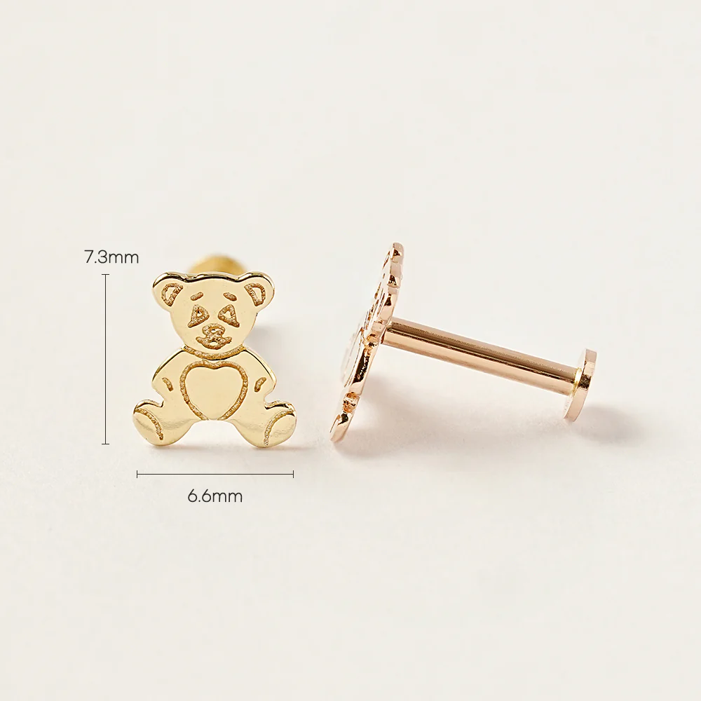 14K Gold Cartoon Teddy Bear Internally Threaded Labret Piercing 18G16G - Image 13