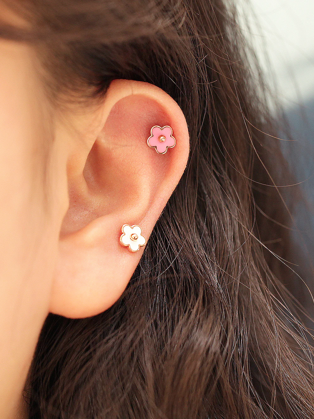 14K Gold Enamel Cherry Blossom Cartilage Earring 18G16G - Image 5