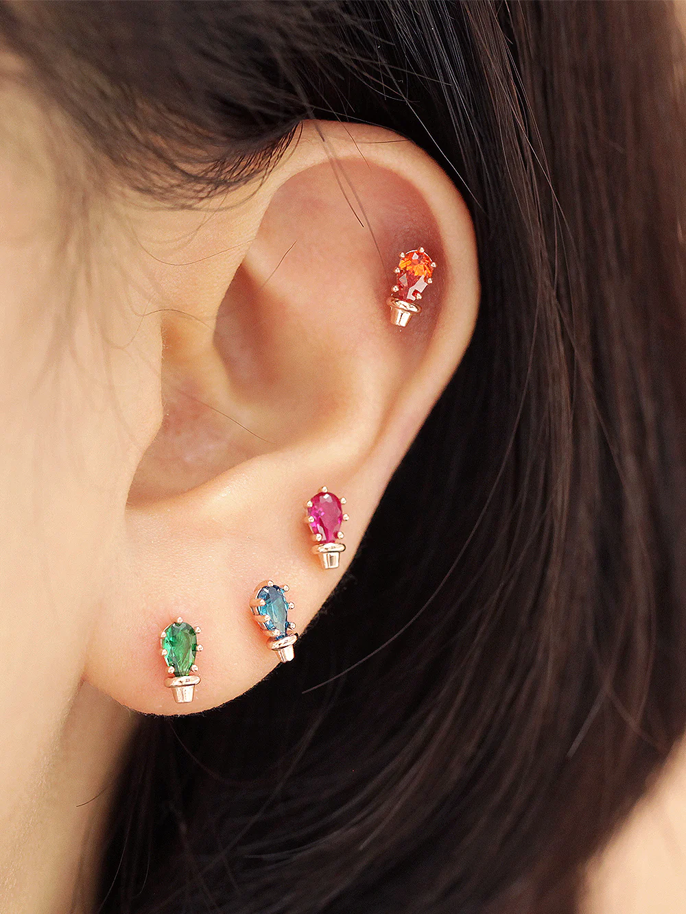 14K Gold Colorful Cactus Cartilage Earring 18G - Image 7