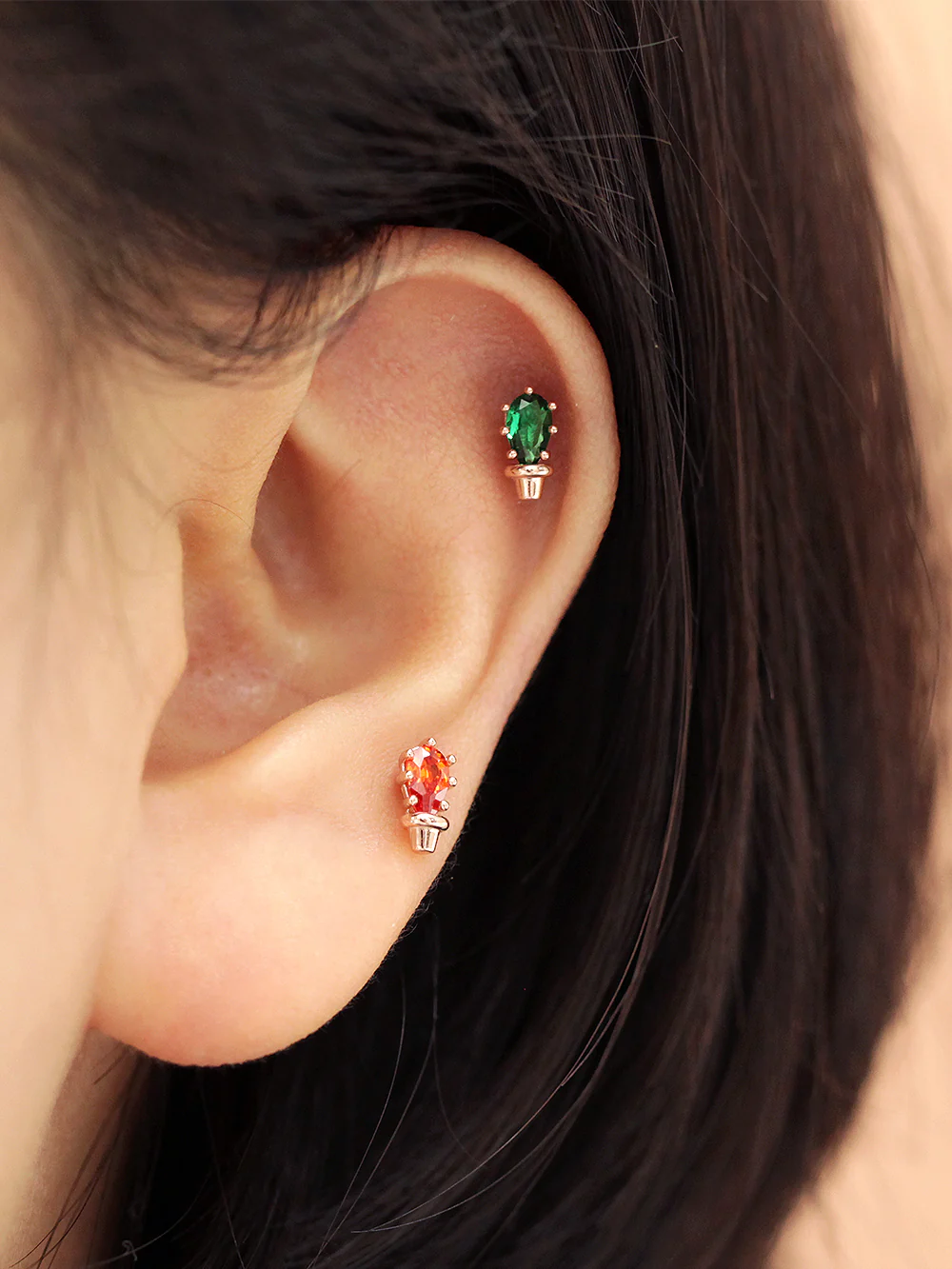 14K Gold Colorful Cactus Cartilage Earring 18G - Image 8