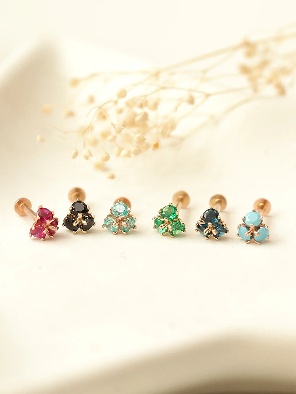 14K Gold Colorful Cubic Flower Internally Threaded Labret Piercing 18G16G - Image 3