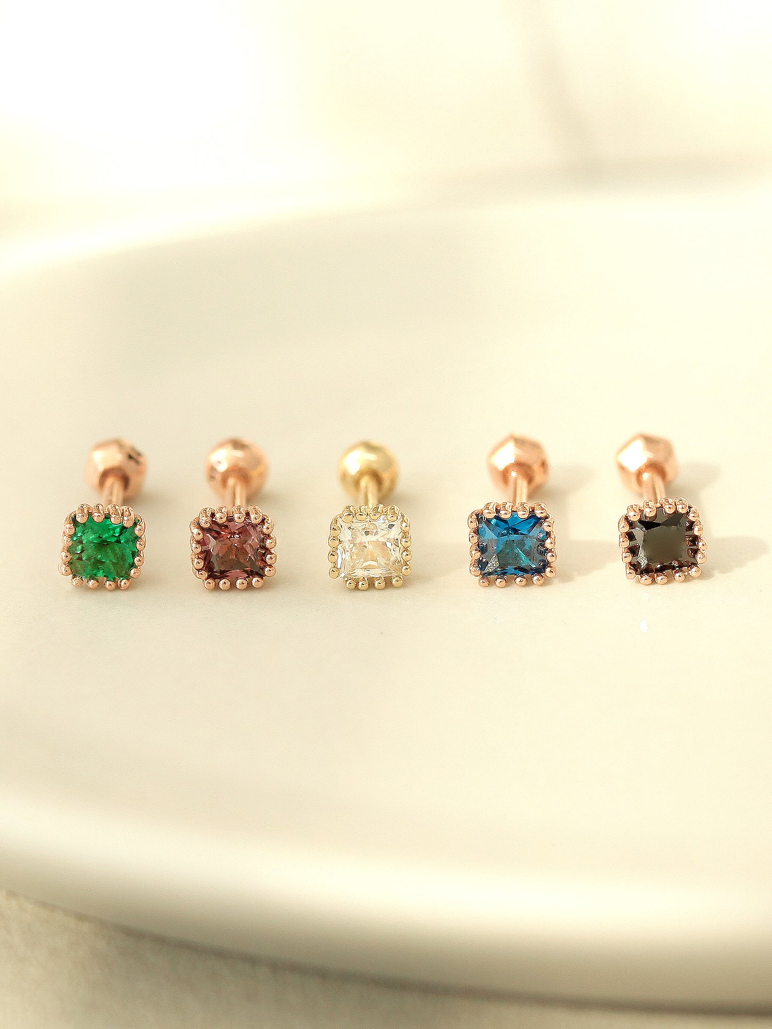 14K Gold Colorful Cubic Square Cartilage Earring 18G16G