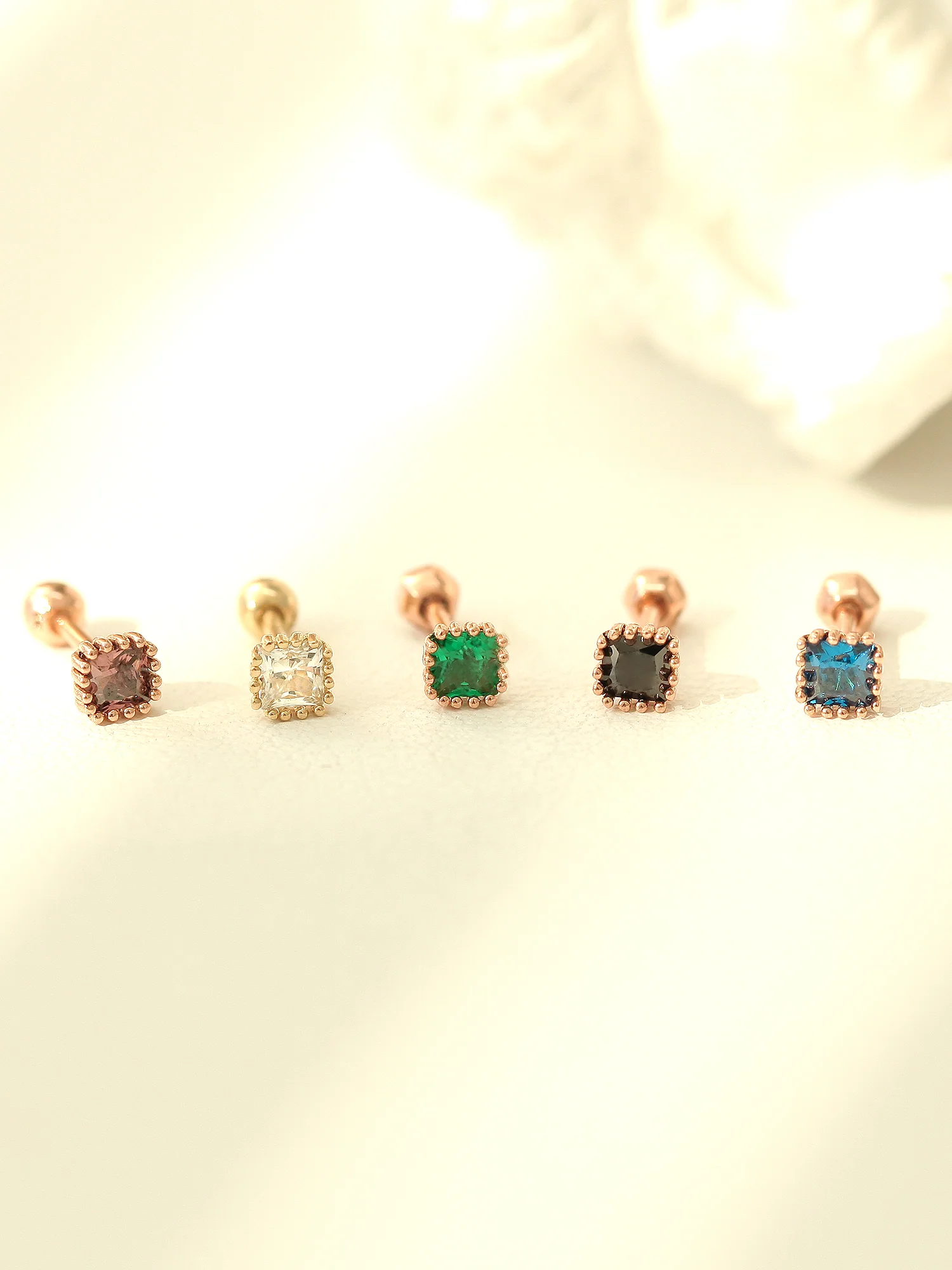 14K Gold Colorful Cubic Square Cartilage Earring 18G16G - Image 6