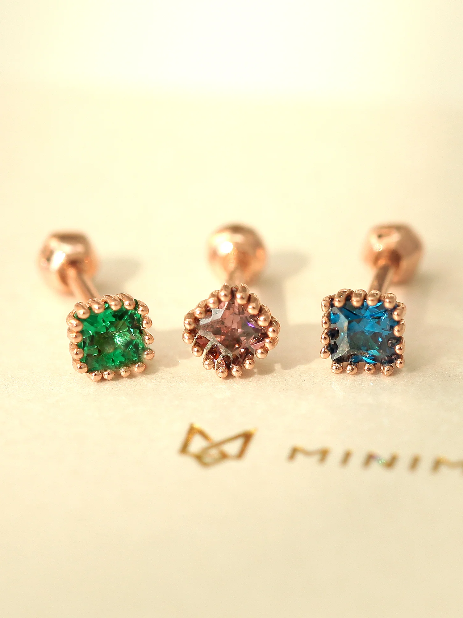 14K Gold Colorful Cubic Square Cartilage Earring 18G16G - Image 9