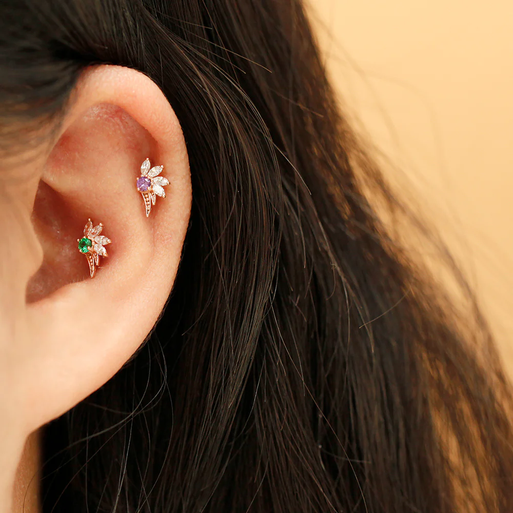 14K Gold Colorful CZ Feather Cartilage Earring 18G16G - Image 4