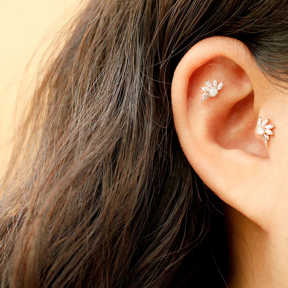 14K Gold Colorful CZ Feather Cartilage Earring 18G16G - Image 8