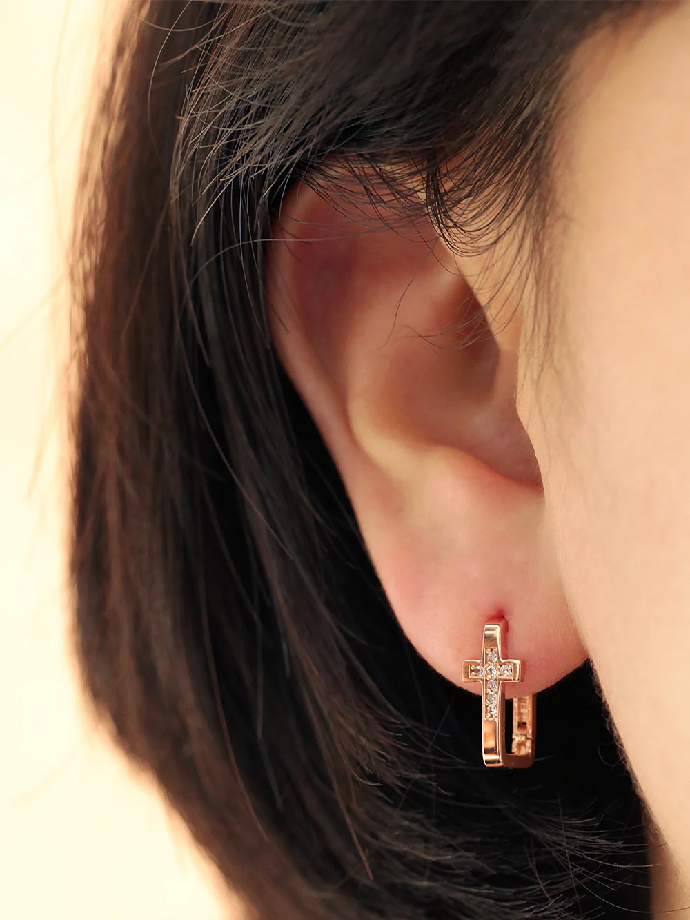 14K Gold Bold Cross Cubic Hoop Earring - Image 2