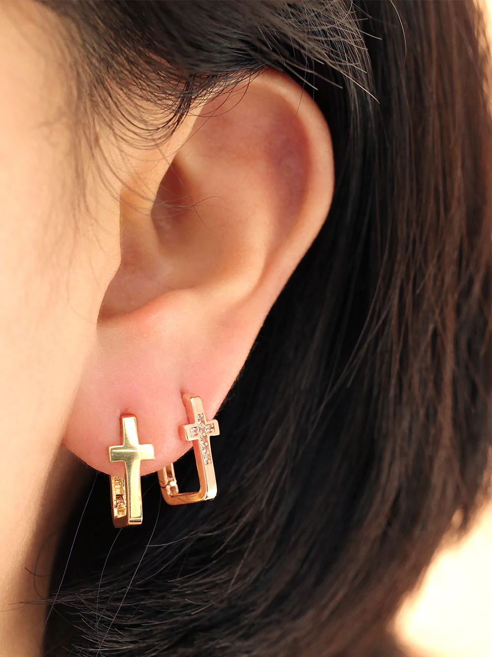 14K Gold Bold Cross Cubic Hoop Earring - Image 3