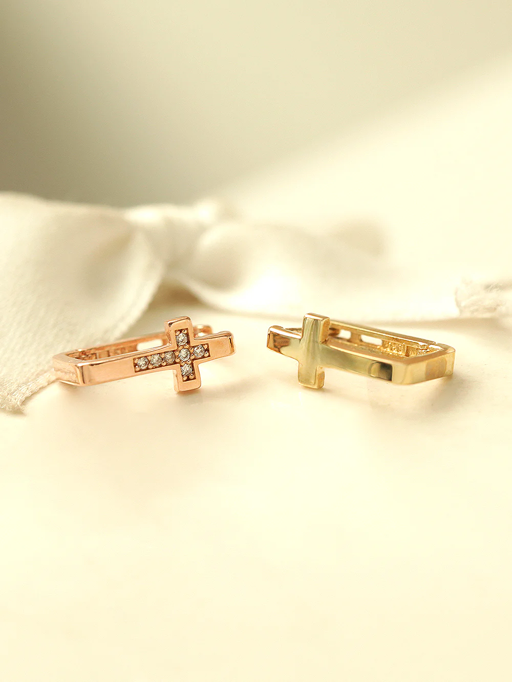 14K Gold Bold Cross Cubic Hoop Earring - Image 4