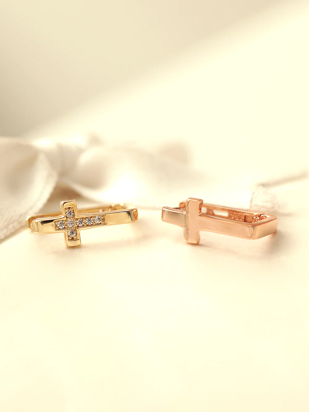 14K Gold Bold Cross Cubic Hoop Earring - Image 5