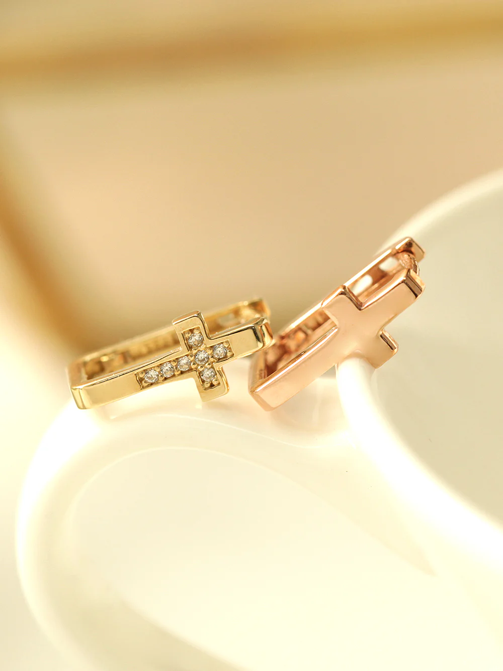 14K Gold Bold Cross Cubic Hoop Earring - Image 7