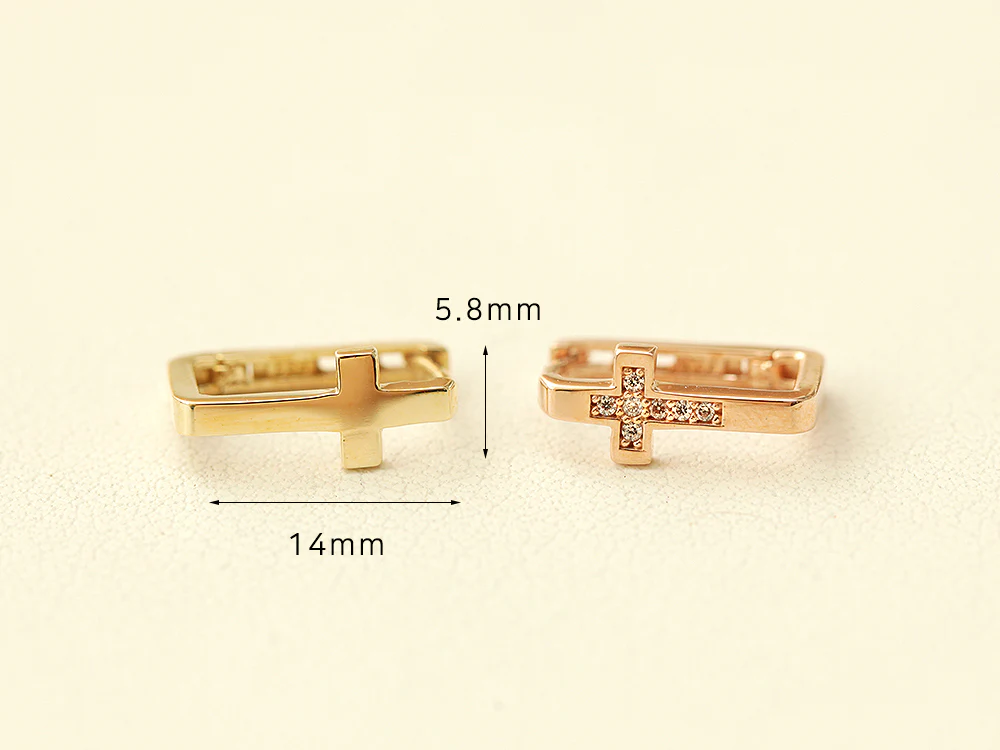 14K Gold Bold Cross Cubic Hoop Earring - Image 9
