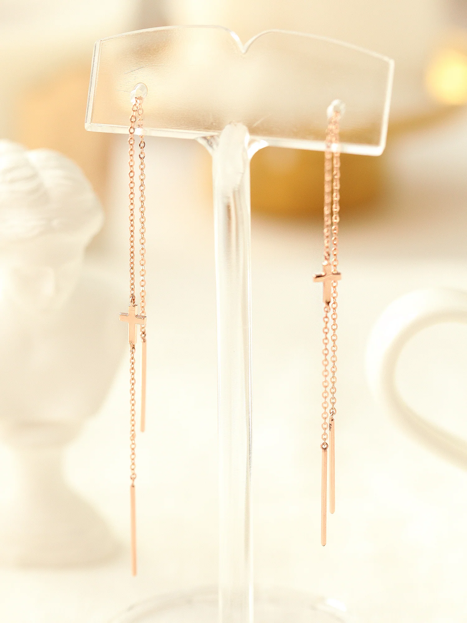 14K Gold Cross Drop Threader Earring - Image 10
