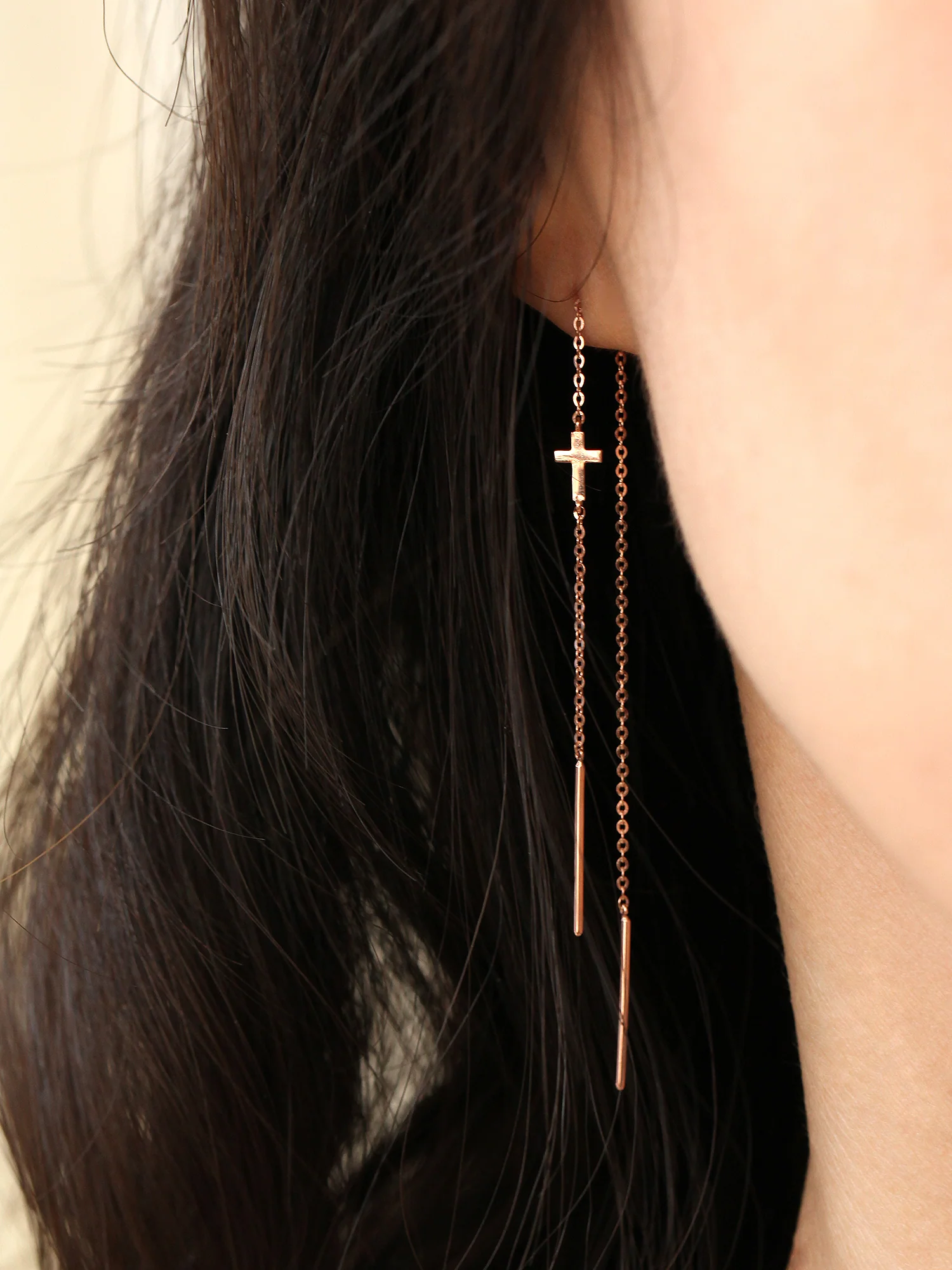 14K Gold Cross Drop Threader Earring - Image 4