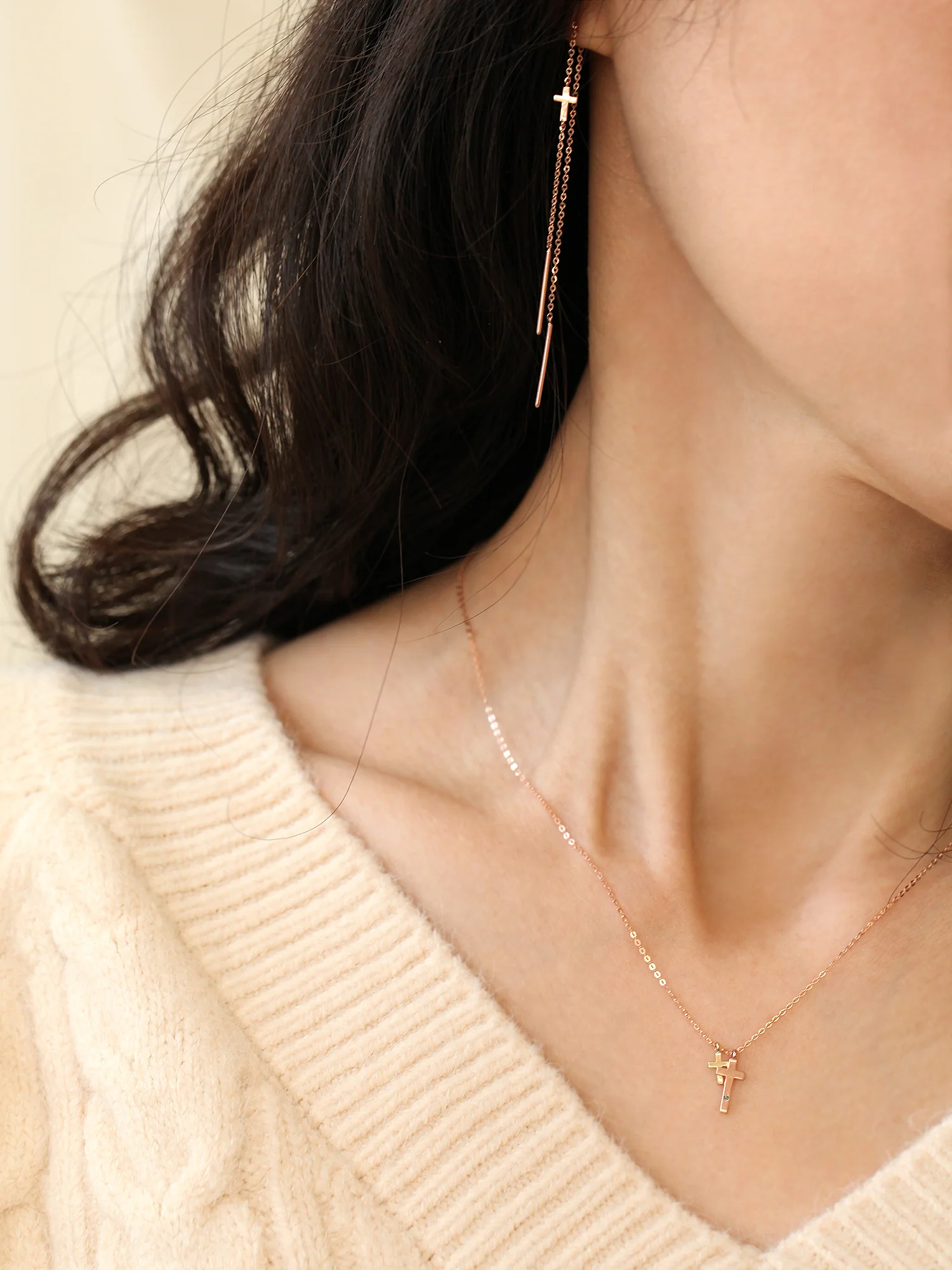 14K Gold Cross Drop Threader Earring - Image 5