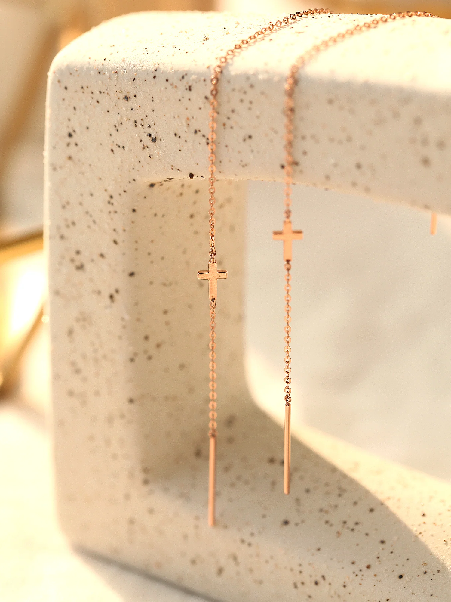14K Gold Cross Drop Threader Earring - Image 6