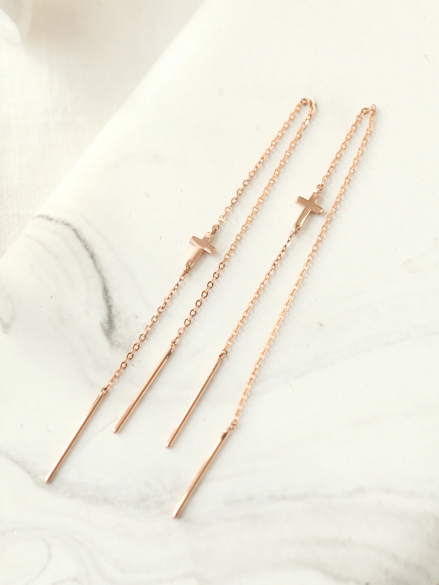 14K Gold Cross Drop Threader Earring - Image 8