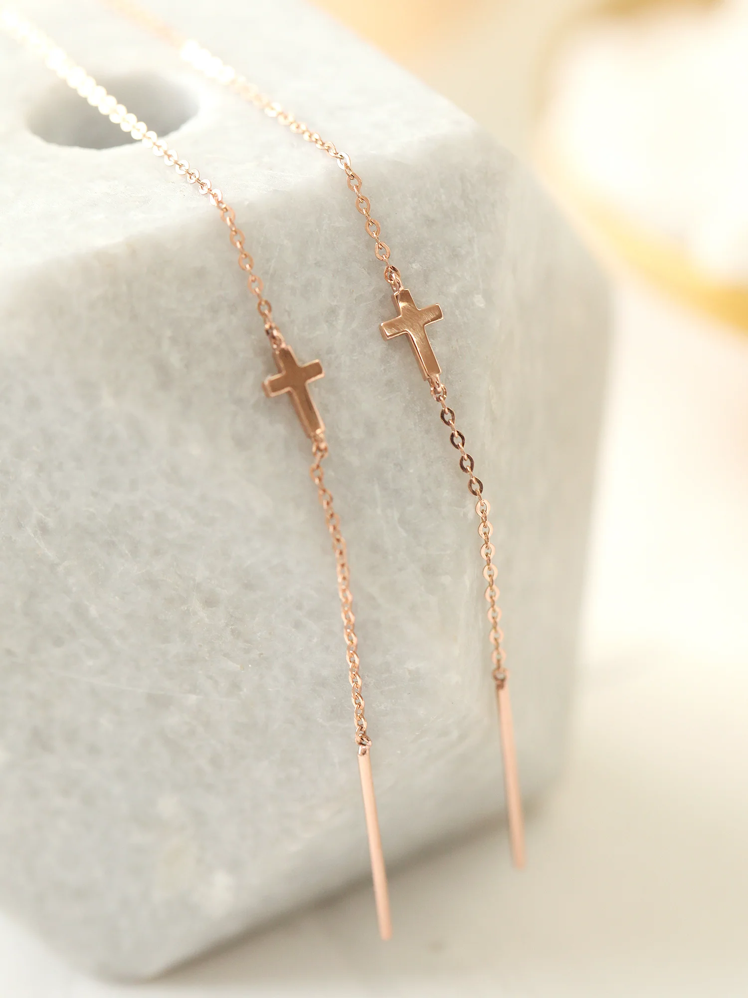 14K Gold Cross Drop Threader Earring - Image 9