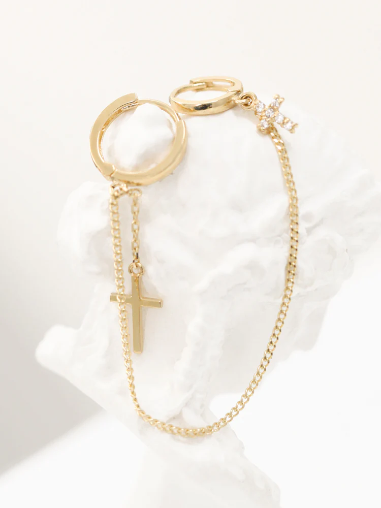 14K Gold Cross Hoop Earring - Image 3