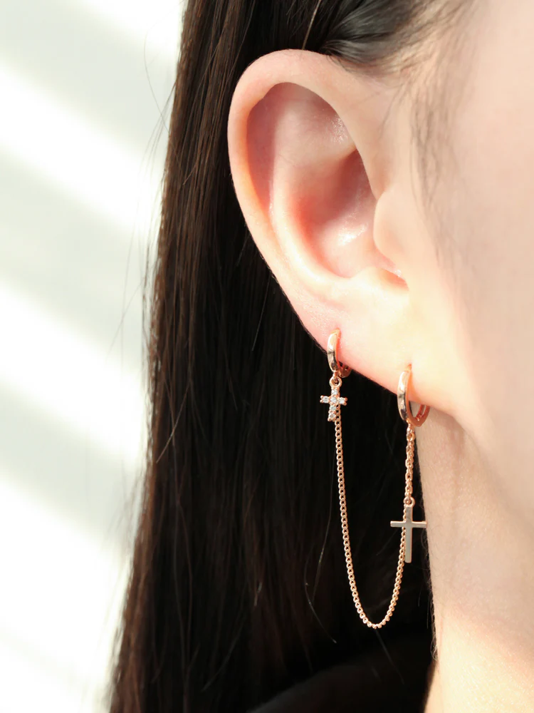 14K Gold Cross Hoop Earring - Image 9