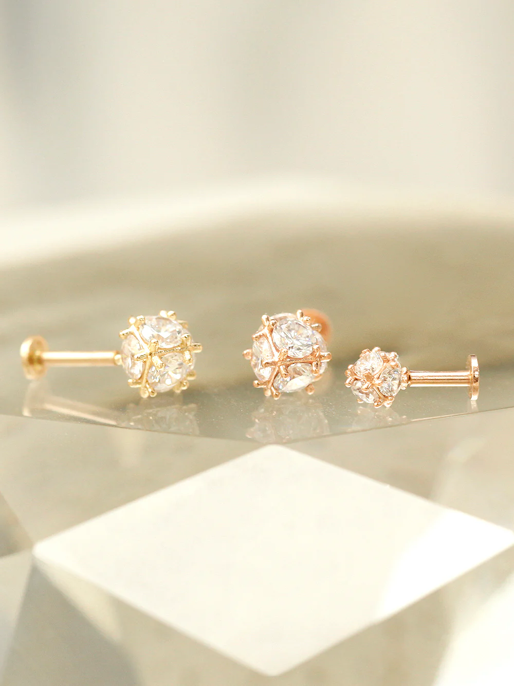 14K Gold Crystal Ball Internally Threaded Labret Piercing 18G16G - Image 9