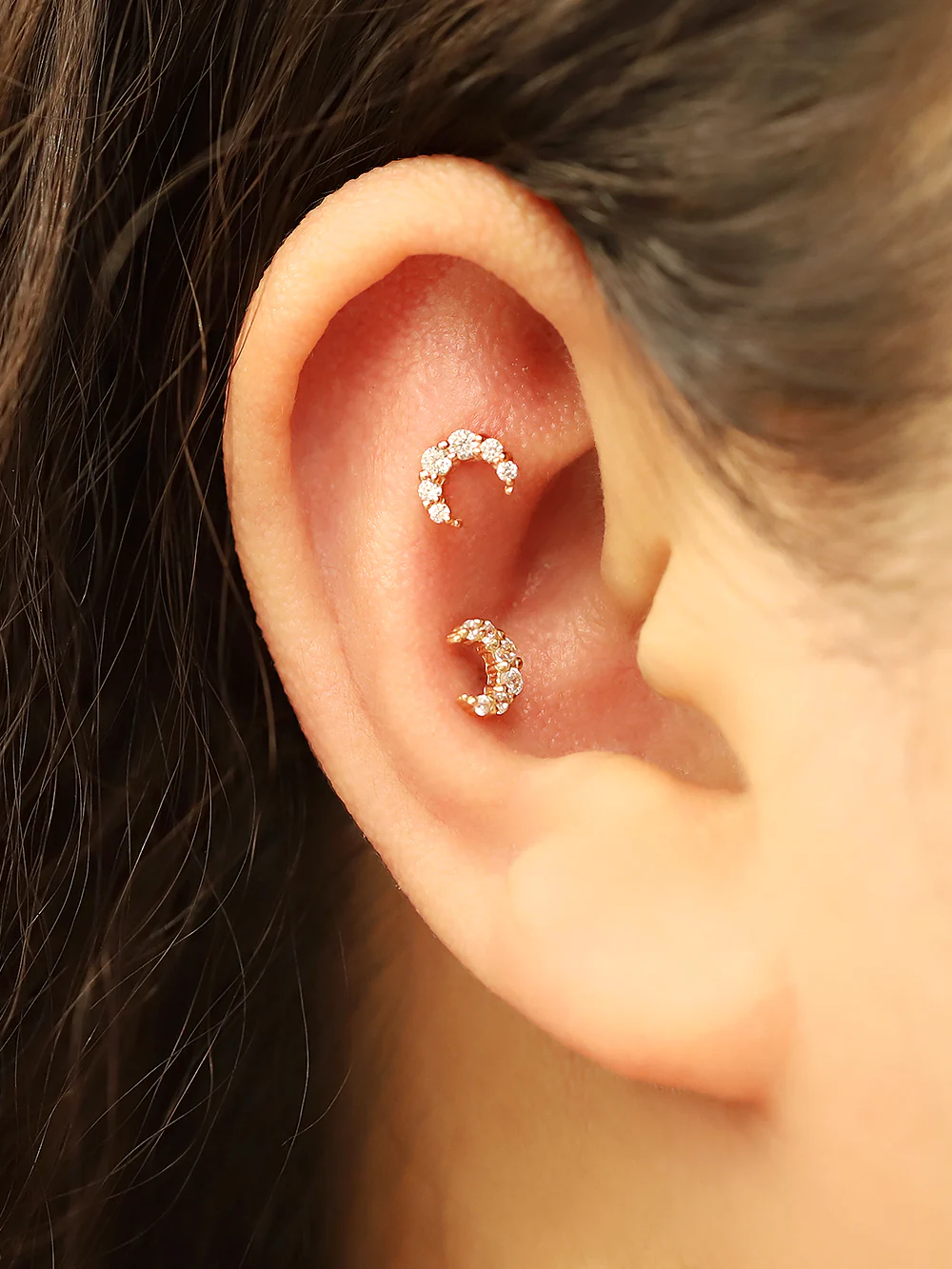 14K Gold Crystal Crescent Earring 20G18G16G - Image 3
