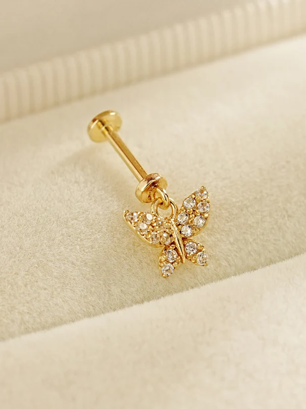 14K Gold Cubic Bling Butterfly Drop Internally Threaded Labret Piercing 20G18G16G - Image 3