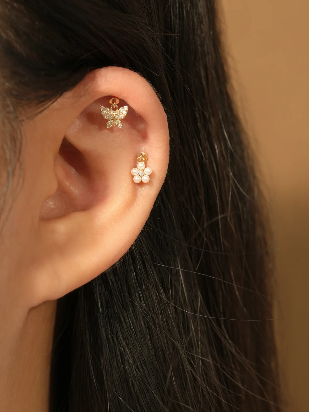 14K Gold Cubic Bling Butterfly Drop Internally Threaded Labret Piercing 20G18G16G - Image 4