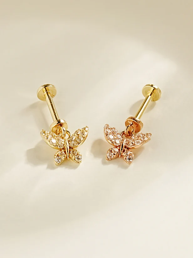 14K Gold Cubic Bling Butterfly Drop Internally Threaded Labret Piercing 20G18G16G - Image 5