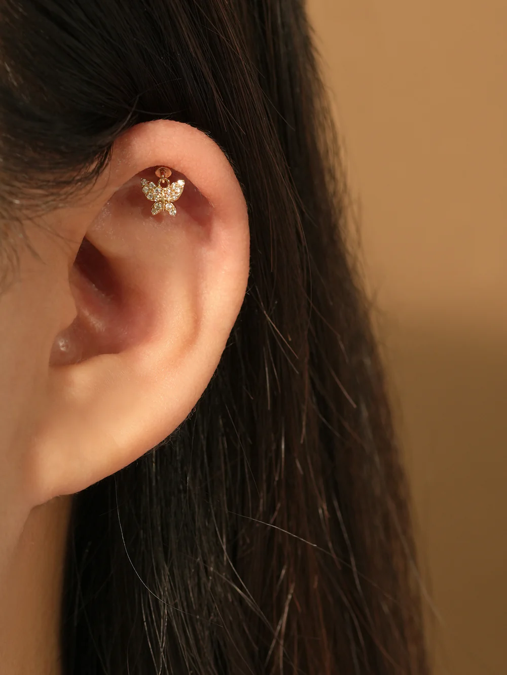 14K Gold Cubic Bling Butterfly Drop Internally Threaded Labret Piercing 20G18G16G - Image 6