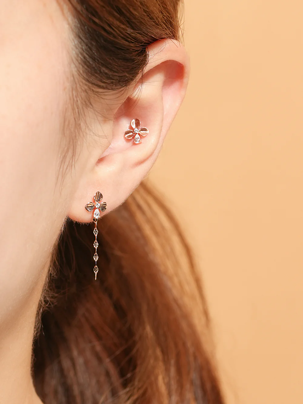 14K Gold Cubic Clover drop and stud Cartilage Earring 20G18G16G - Image 10