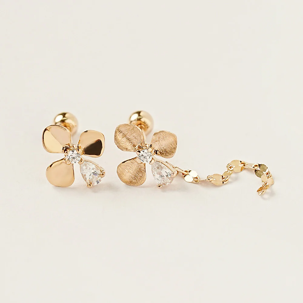 14K Gold Cubic Clover drop and stud Cartilage Earring 20G18G16G - Image 14